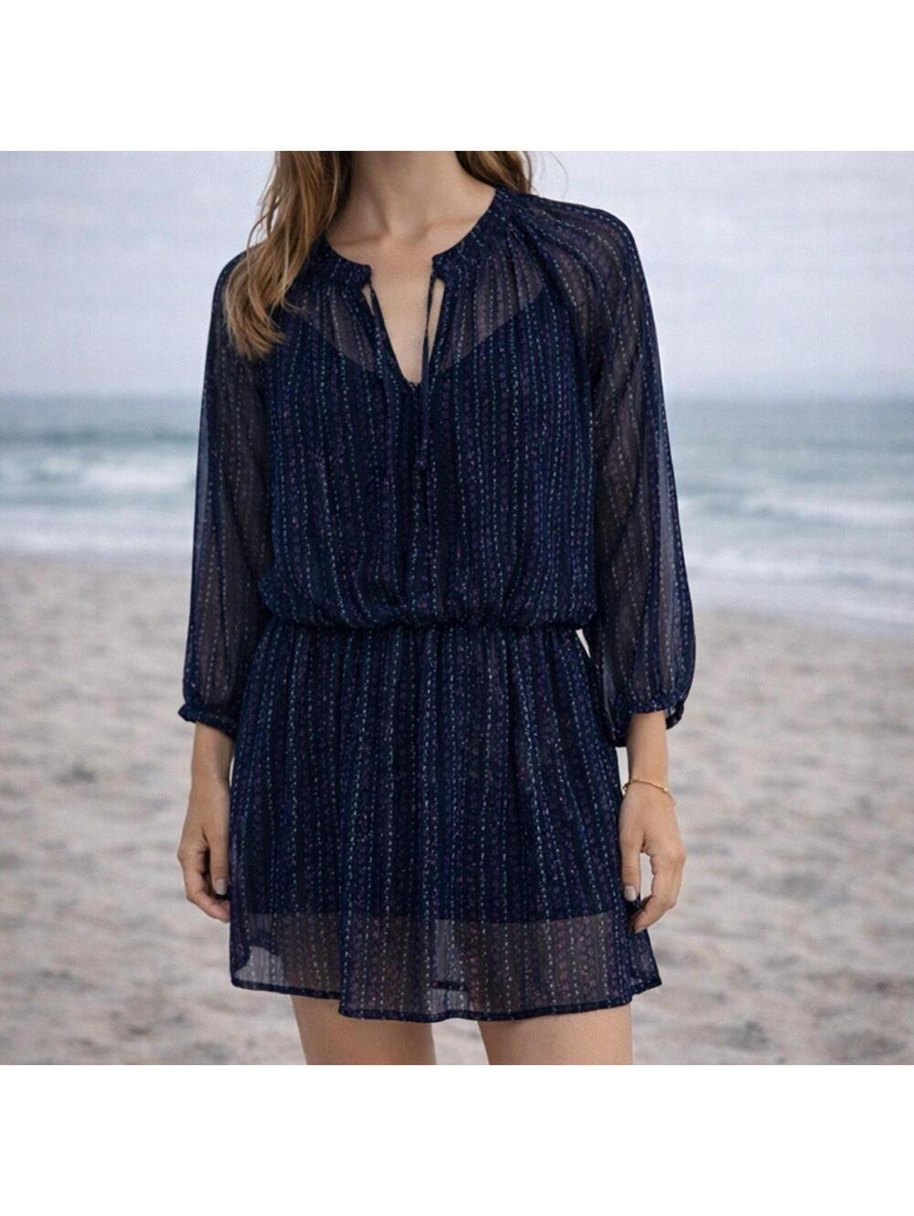 Sheer Navy Floral Tunic Dress S Boho Peasant Mini Dress Sheer Overlay Beachy